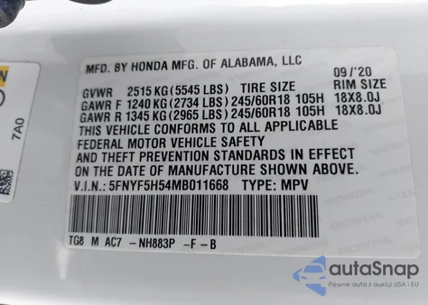 2021 Honda Pilot 2Wd Ex-L z USA, uszkodzony, nr VIN 5FNYF5H54MB011668